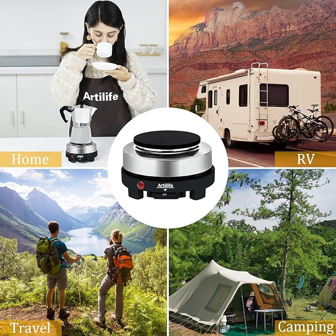 Artilife 500W Mini Electric Hot Plate - Moka Pot Special, 110V Compact RV Camping Stove, 4" Cast Iron Burner for Coffee, Low Wattage Portable (Silver)
