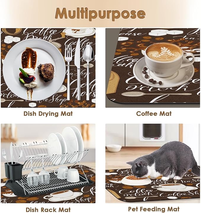 Arttown Coffee Mat for Countertops, Tea Retro Vintage Cafe Brown Dish Drying Mat 2 Pcs for Kitchen Bar Accessory, Fit Under Coffee Maker Espresso Machine Dish Rack Hide Stain 12x19in