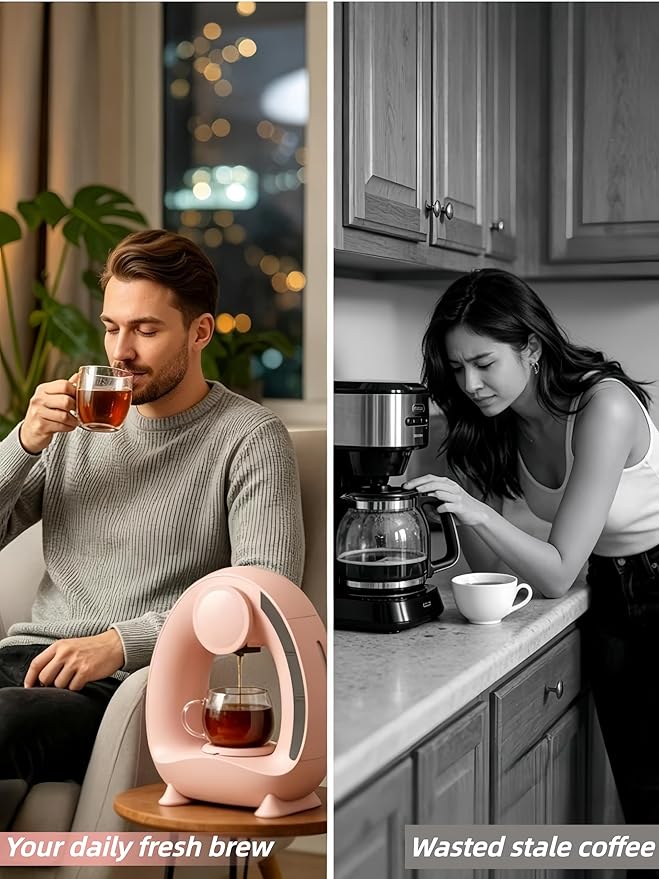 3 in 1 Single Serve Coffee Maker for K Cup Pink, Ground and Tea Leaves, Mini K Cup Coffee Brewer with One Button Operation, 1400W 20s Fast Heating,Compact for Small Spaces-Glass not included