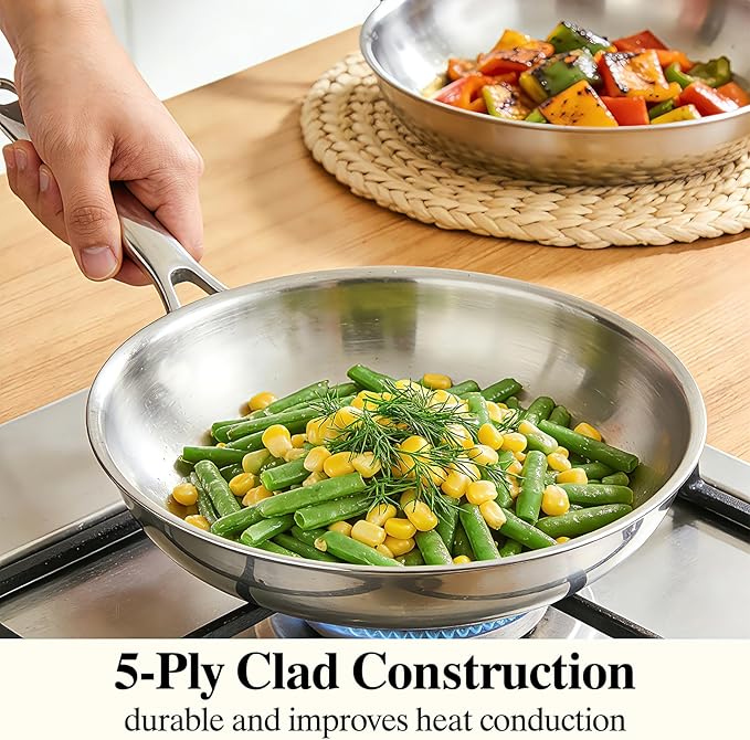 Stainless Steel Frying Pan Set with Lid, Umite Chef 3Pcs Skillet Set (Includes 8",10",12") - 5 Ply Stainless Clad - Heavy Duty & Professional Cookware Set, Fast & Even Heat, Dishwasher and Oven Safe
