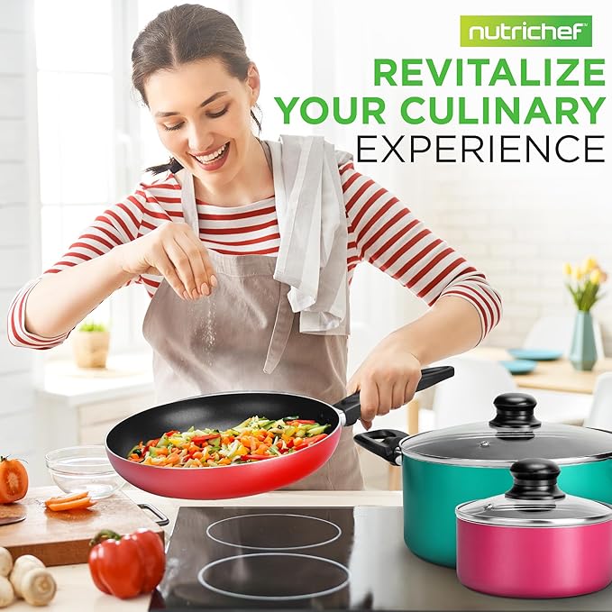NutriChef 15-Piece Colorful Nonstick Kitchen Cookware Set | Heat Resistant Lacquer Kitchen Ware Pots and Pans Set w/Saucepot, Frying Pans, Pots, Oven Pot, Lids, Utensil