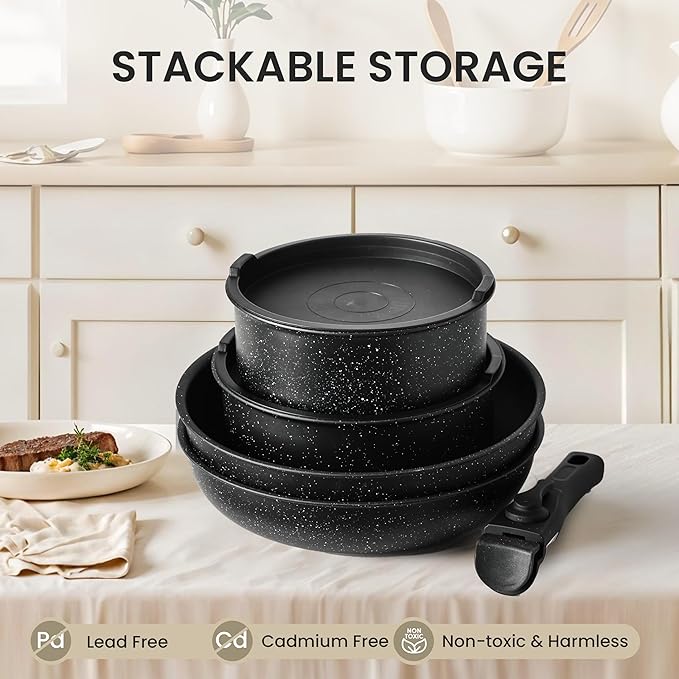 Simple Deluxe 12 Pcs Non-Stick Cookware Set, with Black Granite Texture and Detachable Handles, Resistant to High Temperatures, Oven Safe, PFAS and PFOA Free