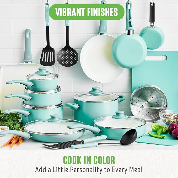 GreenLife Soft Grip 23 Piece Kitchen Cookware Pots and Frying Saucepans Set, Healthy Ceramic Nonstick PFAS and PFOA-Free, Dishwasher and Oven Safe, Even Heating, Easy Clean, Warp Control, Turquoise