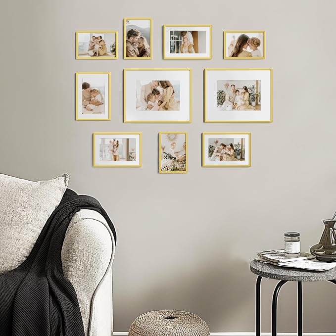 eletecpro Aluminum Gallery Wall Frame Set of 10 with Glass Cover, Gold | Including 2Pcs 8x10, 4Pcs 5x7, 4Pcs 4x6 Photo Frames, Multiple Sizes Picture Frames Collage Wall Decor or Tabletop Display