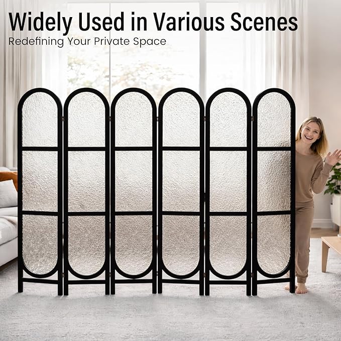 Acrylic Room Divider 6 Panel 67" Tall Arched Room Divider and Privacy Screen with Solid Paulownia Wood Frame, Freestanding Partition Divider for Room Separation, Home, Bedroom - Black