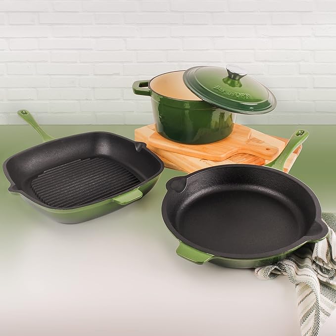 BergHOFF Neo 4Pc Enameled Cast Iron Cookware Set, Grill Pan 11 inches, Fry Pan 10 inches, 3qt. Dutch Oven, Matching Lid, Fast, Evenly Heat, Oven Safe (Green)