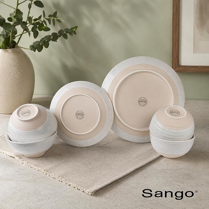 Sango Siterra 16-Piece Rustic White Stoneware Dinnerware Set – Service for 4, White with Glossy Speckle Overlay, for Everyday Dining & Entertainment, Microwave & Dishwasher Safe