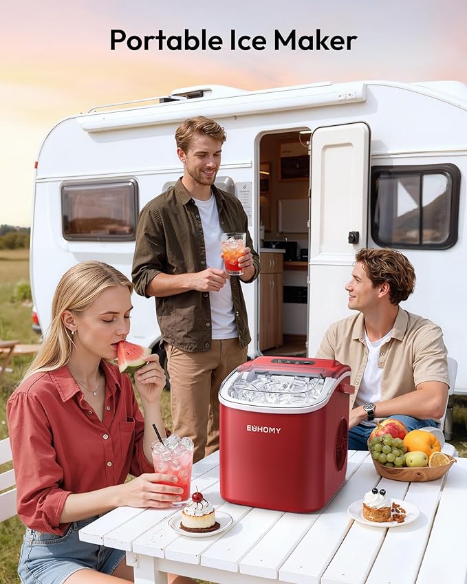 EUHOMY Countertop Ice Maker Machine with Handle, 26lbs Per Day, 9 Ice Cubes Ready in 6 Mins, Auto-Cleaning Portable Ice Maker with Basket and Scoop, for Home/Kitchen/Camping/RV (Red)
