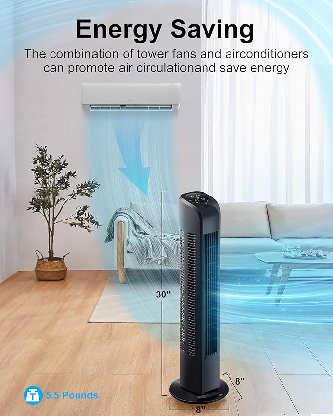 Uthfy Oscillating Tower Fan with Remote, Electric Standing Floor Fan for Bedroom Indoor Office and Home Use,Quiet Cooling Portable Bladeless Tower Fans, 30 inchs, Black