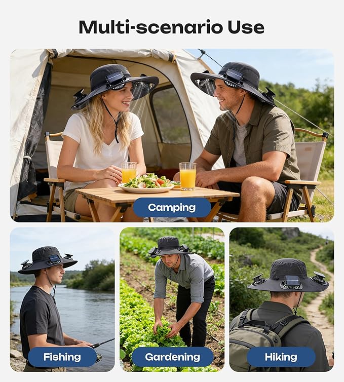 Solar Fan Hat with 4 Removable Fans, Wide Brim Fishing Hat for Men Women, USB Charging, Sun Hat for Outdoor Hiking, Gardening, Fishing Grey