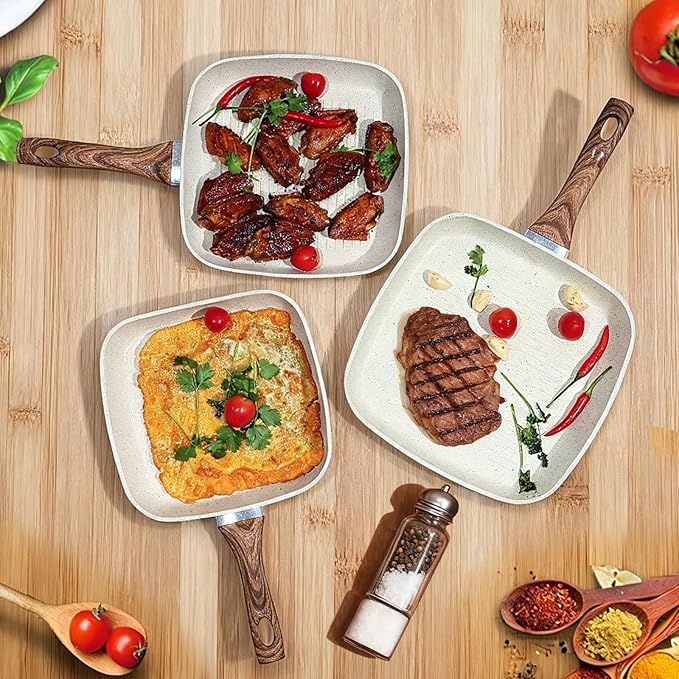 NEWBULIG 3-Piece Nonstick Grill Pan Set, Square Griddle Pans with Wooden Handles, Induction Cooktop Compatible, Nonstick Cookware for Steak, BBQ, Vegetables, Cream White (9.5", 10.2", 11")