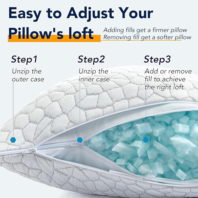 QUTOOL Cooling Pillow for Sleeping, CertiPUR-US Shredded Memory Foam King Pillows Set of 2, Cool Pillow for Hot Sleepers Adjustable Firm Pillow for Side, Back, Stomach Sleepers Soft Yet Support, White