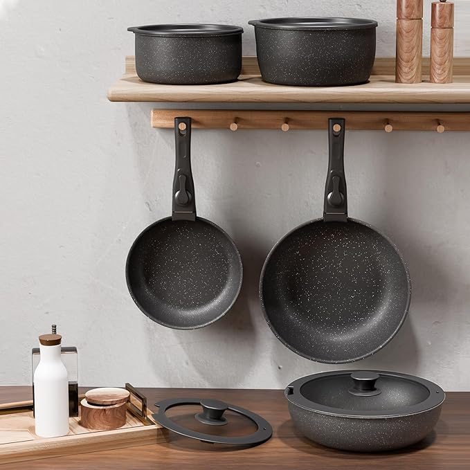18 Piece Pots and Pans Set with Removable Handle, Nonstick Cookware Set Detachable Handles, Space Saving Stackable Kitchen Sets for RV, Camping & Apartment