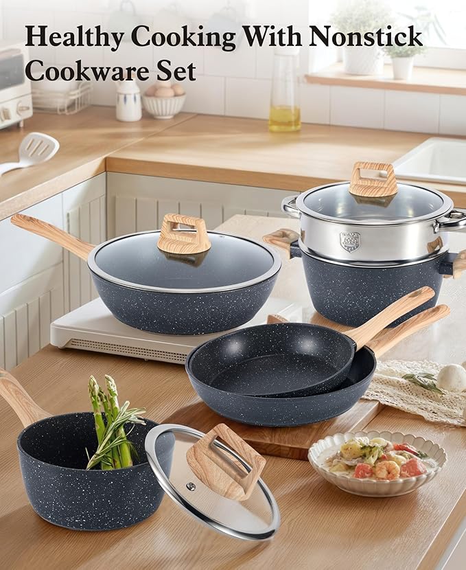 12-Piece Nonstick Ceramic Cookware Set, Healthy Non-Toxic Granite Pots and Pans Set, PFAS PFOA Free Kitchen Cookware with Silicone Spatula, Dishwasher Safe, Black