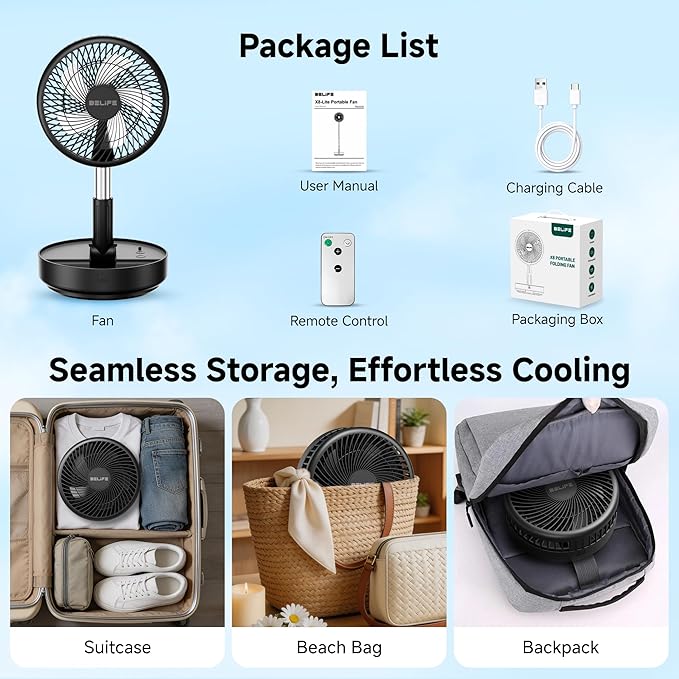 Belife X8 Portable Fan, 7200mAh Battery Powered Rechargeable, Oscillating USB Desk Floor Fan with Remote, Foldable Telescopic Fan for Home Bedroom Sleeping Office Camping Travel, 7.7" (Black)