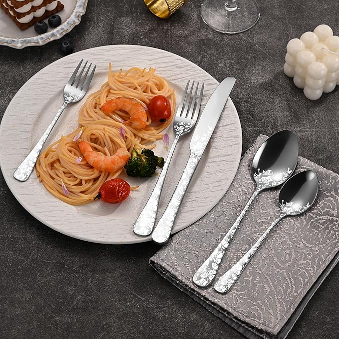 40 Piece Silverware Set, Stainless Steel Flatware Cutlery Set Service for 8, Mirror Polished Tableware Eating Utensils Set for Home Kitchen, Include Knife Fork Spoon Set, Dishwasher Safe