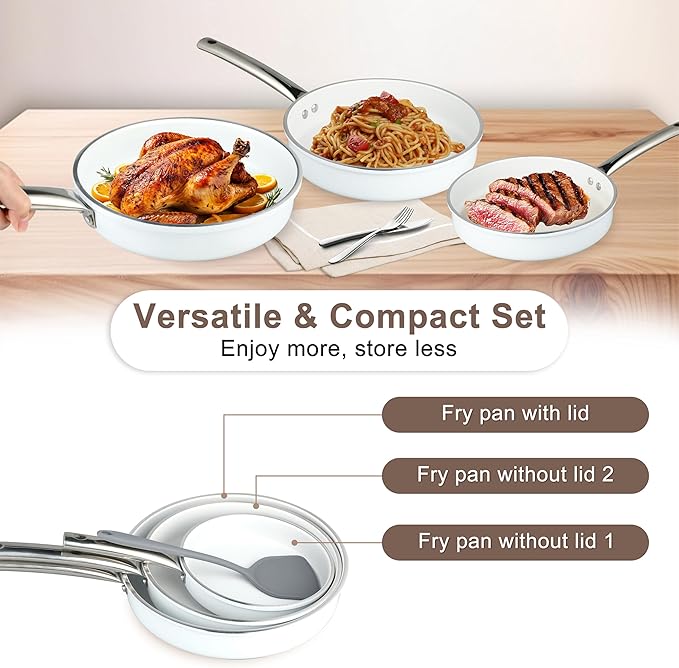 FAB&DELUXE 5Pcs Nonstick Cookware Set, Aluminum Nonstick Pots and Pans with Glass Lids, All Stovetops Compatible, Non-toxic Healthy Kitchen Cooking Sets, PFAS and PFOA Free