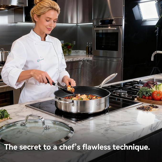 LOLYKITCH 6 QT Large Skillet with Lid, 12 Inch Nonstick Deep Frying Pan, Tri-Ply Stainless Steel Hybrid Saute Pan for Family Meals, Induction Oven Compatible Ceramic Coated, Detachable Handle