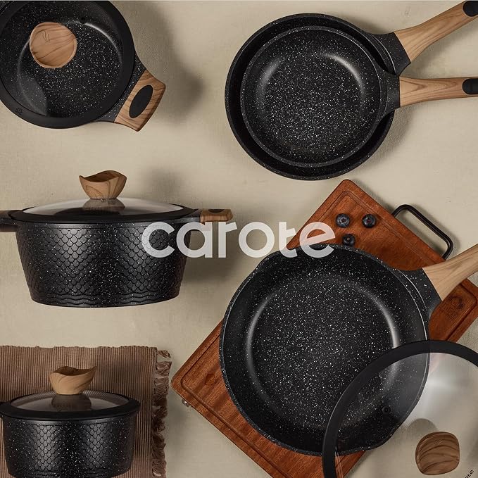 CAROTE 39pcs Nonstick Cookware Sets, Pots and Pans Set with Bakeware | Induction Kitchen Cooking Set, Special Texture Design, Ultra Durable, Easy Food Release, Even Heating, with Knife Set