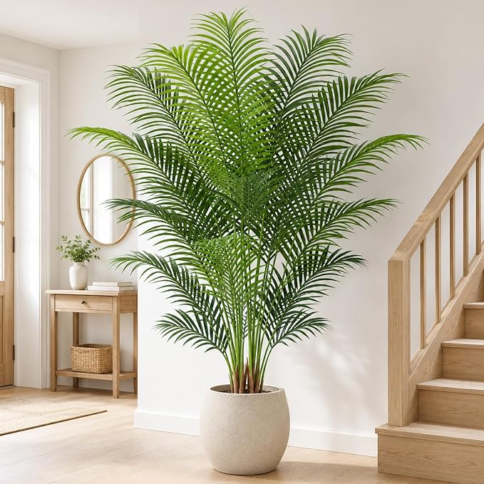 Artificial Palm Tree 6.2ft Tall Fake Palm Tree Indoor Decor with 18 leaves and Real Bark Design Faux Tropical Areca Palm Silk Floor Plant in Pot for Home Office Living Room Bedroom Decor 1pcs