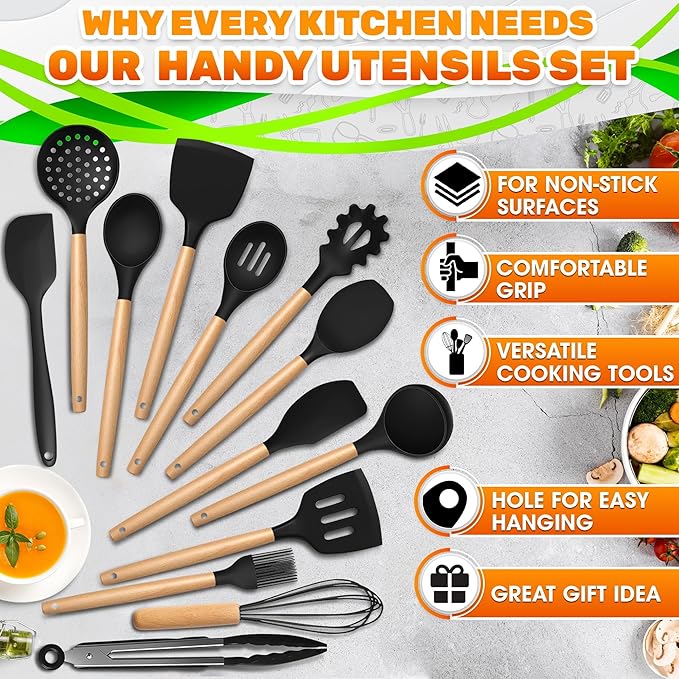 14 PCs Black Silicone Cooking Utensils Set with Holder - Versatile Kitchen Utensils with Sturdy Wooden Handles - Heat Resistance Silicone Kitchen Utensil Set with Holder for All Cooking & Baking Needs