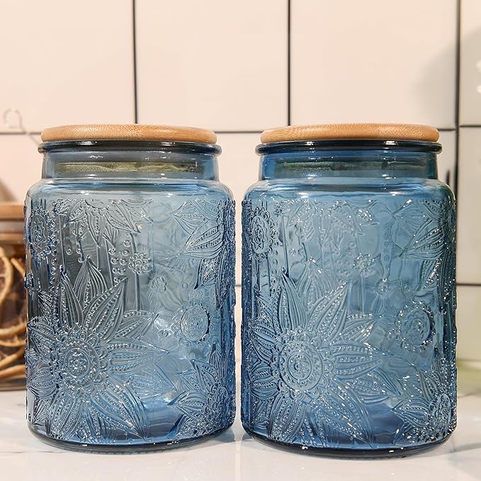 Custde Blue Vintage Glass Candy Jar with Airtight Bamboo Lid, 23.7oz Kitchen Storage Canister for Sugar, Coffee, Tea, Cookies, Bath Salt - Decorative Mason Jar for Pantry & Counter(Blue, 23.7 fl oz)