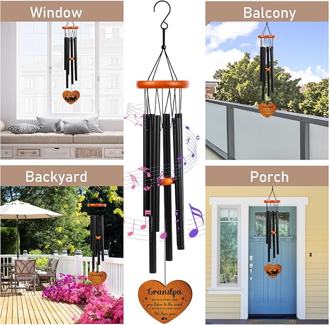 Grandpa Gifts Wind Chimes for Outside - Metal Windchime with Wooden Pendant, Greeting Card & Black Box - Unique Memorial Birthday Gift for Grandfather from Grandkids, Garden Hanging Decor
