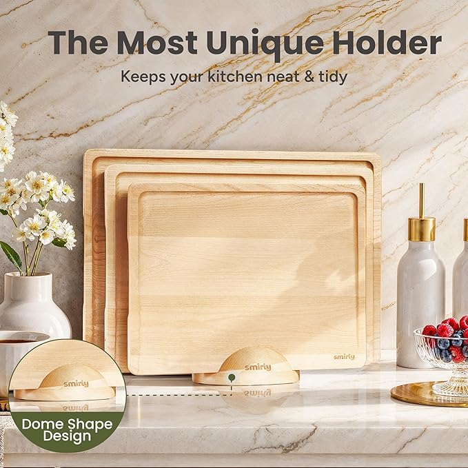SMIRLY Wood Cutting Boards for Kitchen Wooden Chopping Board Set Reversible with Deep Juice Grooves Grip Handles, Large Charcuterie Tray for Home Kitchen, Natural Birch, 3Pcs with Holder