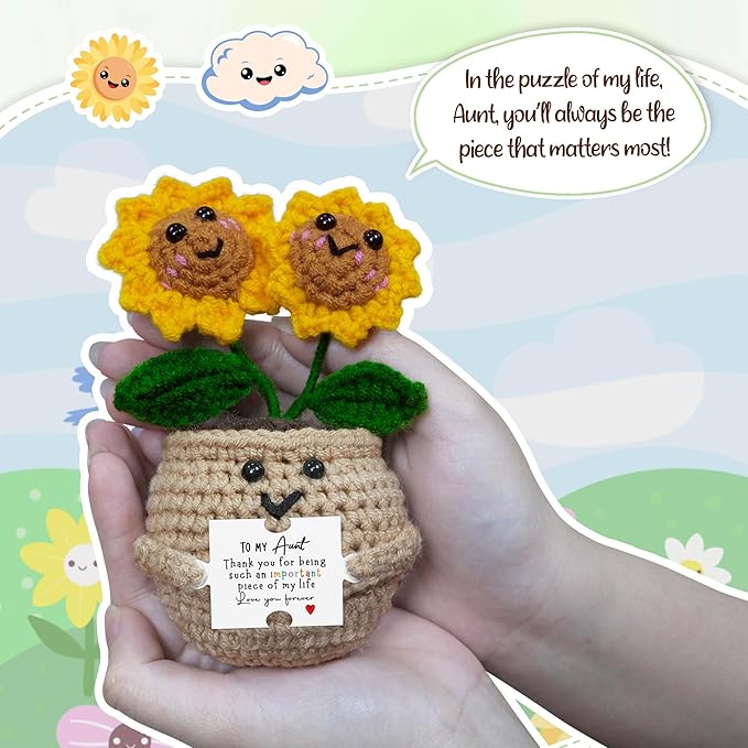 OASSIE Aunt Gifts for Women - Emotional Support Crochet Sunflower with Card for Table Decor - Positive Crochet Mothers Day Birthday Gifts for Aunt from Niece, Auntie Gift, Birthday Gift for Aunts