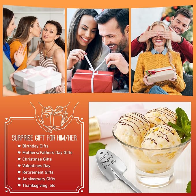 Funny Ice Cream Spoons Engraved Glad I Scooped You Up Couples Gifts for Wedding Anniversary, Cute Mothers Day Birthday Gifts for Ice Cream Lover Wife Husband Boyfriend Girlfriend Graduation