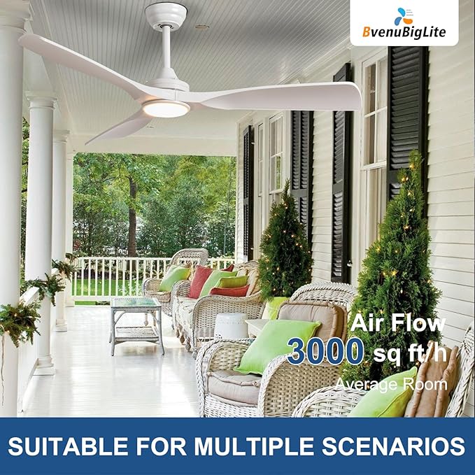 Outdoor Ceiling Fan with Light: 52 Inch 3 Blade Outdoor Fans for Patios - Modern White Ceiling Fan with Dimmable Light Remote APP Control Ultra Quiet Reversible DC Motor Timer