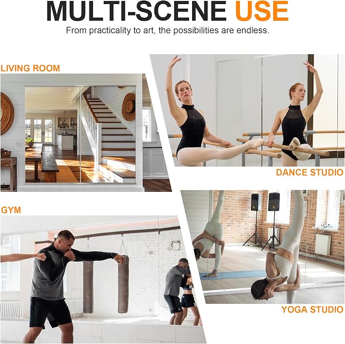 Delma Home Gym Mirror, 54''x28''x2PCS Silver | Large Full Body, Tempered Glass Frameless, Wall-Mounted, For Gym, Yoga, Garage, Bedroom, Bathroom