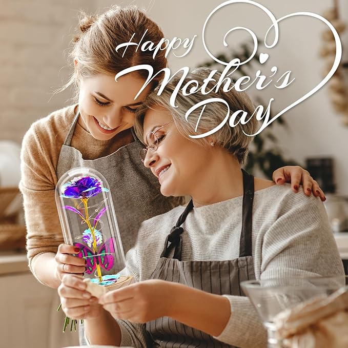Otlonpe Preserved Forever Mothers Day Flower Gifts for Mom, Glass Rose Wood Base Colorful Light Butterfly Gifts for Women Grandma Girlfriend Wife Her, Valentines Mothers Day Christmas Birthday