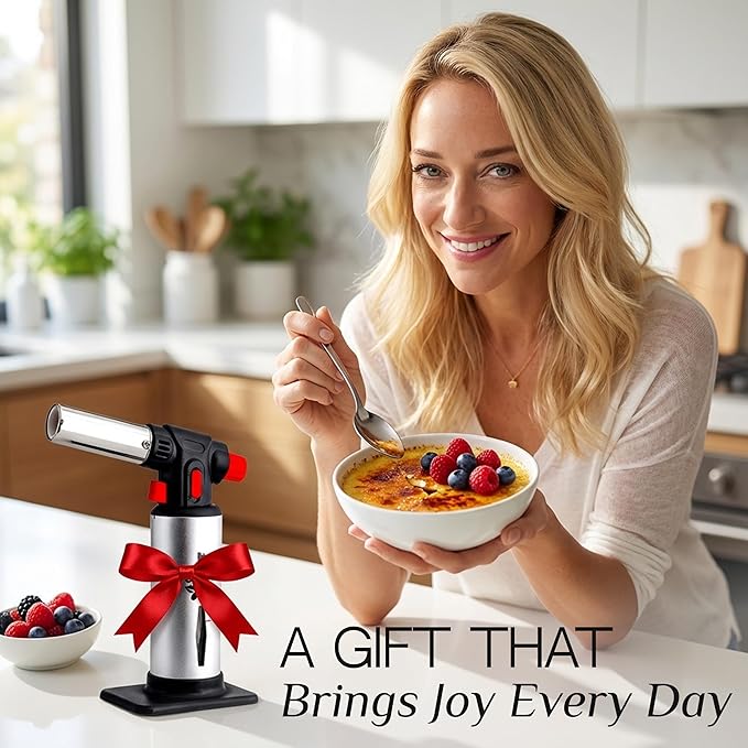 Jo Chef Kitchen Torch with Butane Included – Refillable Lighter with Safety Lock & Adjustable Flame, Blow Culinary Torch for Cooking, BBQ, Creme Brulee, DIY and Soldering - 5 Cans (3.38oz) Included