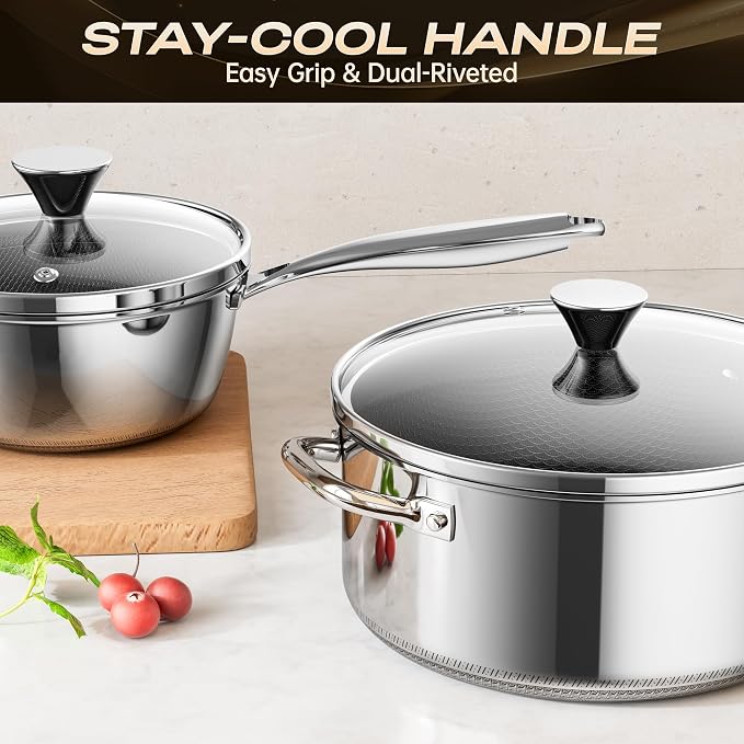 Stainless Steel Pots and Pans Set,6 Piece Nonstick Cookware Set,1,2 and 4 Quart Pots Set with Glass Lids,PFAS PFOA PTFE Free,Stay-Cool Handle,Dishwasher-Friendly,Oven-Safe,Compatible with All Cooktops