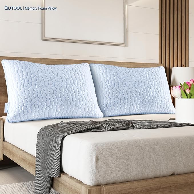 QUTOOL Enhanced Cooling Pillows for Sleeping, CertiPUR-US Shredded Memory Foam Pillows Standard Size Set of 2 for Hot Sleeper, Adjustable Pillow for Side, Back, Stomach Sleepers Support Yet Soft, Blue
