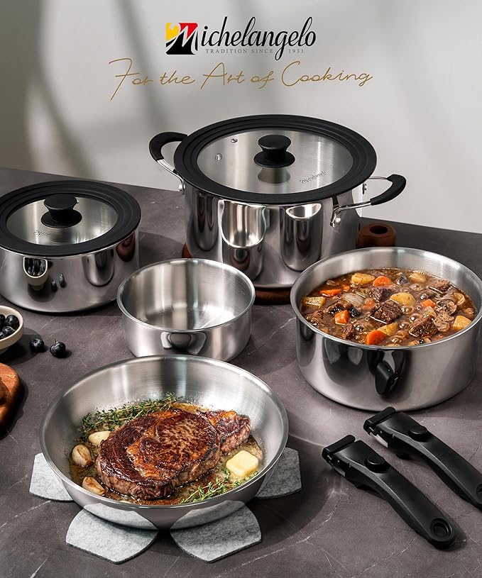 Michelangelo 14pcs Tri-Ply Stainless Steel Cookware Set with Detachable Handle, Induction Kitchen Cookware Set, Oven Safe Pots and Pans, Stackable RV/Camping Cookware