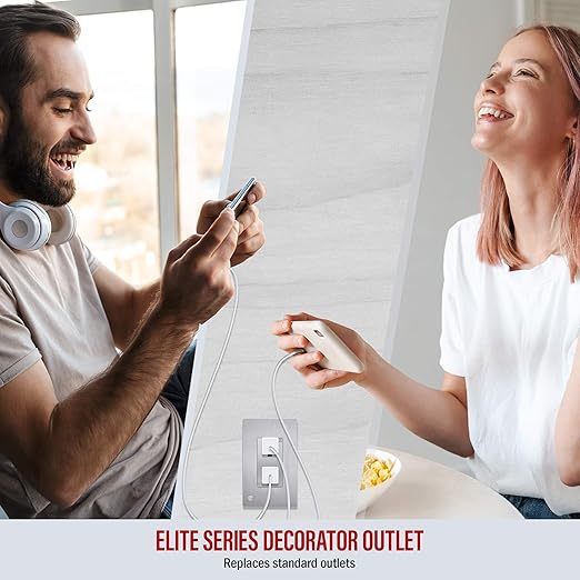ENERLITES Elite Series Decorator Receptacle, Child Safe Tamper-Resistant Outlet, Self-Grounding, Residential Grade, 15A 125V, UL Listed, 61501-TR-SVWBP, Brushed Silver With Wall Plate