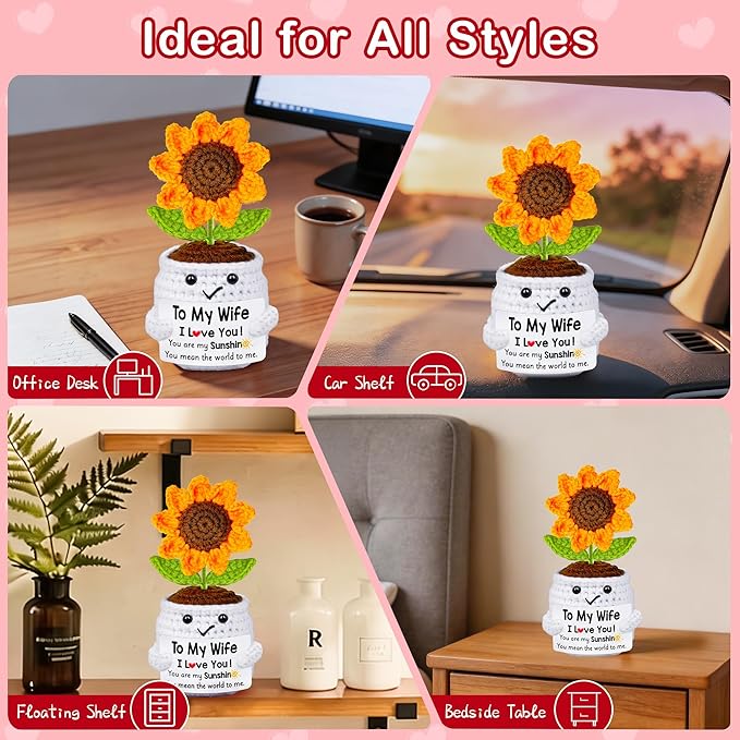 Qunland Mothers Day Her Gifts for Wife from Husband, to My Wife Handmade Crochet Sunflower Doll, Mother's Day Anniversary Wedding Birthday Gifts for Women Her, I Love You Romantic for Wifey