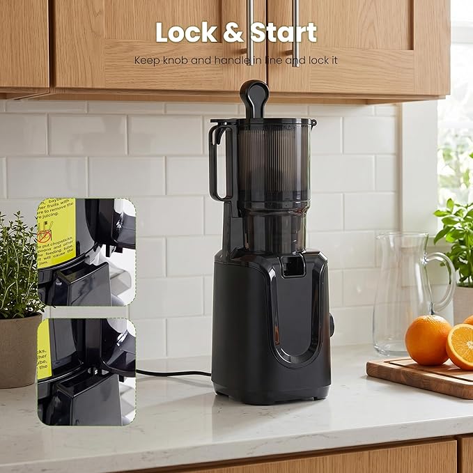 Slow Masticating Juicer Machines, Cold Press Juicer with Safety Lock & Reverse Function, 4.25" Feed Chute for Whole Fruits & Vegetables, High Juice Yield, Black