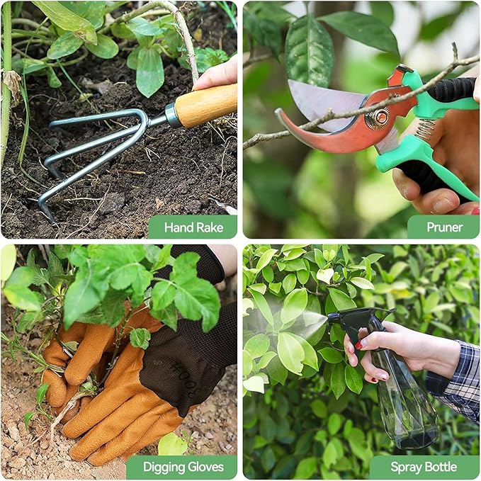 Grenebo Gardening Tools 9-Piece Heavy Duty Garden Hand Tools with Fashion and Durable Garden Tools Organizer Handbag, Rust-Proof Garden Tool Set, Ideal Gardening Gifts for Women (Purple)