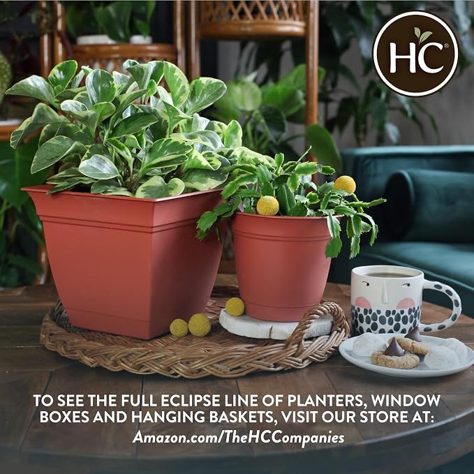 The HC Companies Eclipse Round Planter with Saucer - Outdoor & Indoor Plant Pot with Drainage Holes - Lightweight, UV-Resistant Plastic Pots for Plants, Flowers & Herbs (12" Clay, Pack of 1)