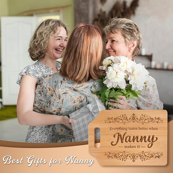 AceThrills Nanny Gifts for Nanny Mothers Day Gift for Birthday from Grandkids - Engraved Bamboo Cutting Board 12.3"L × 8.7"W × 0.4"Th