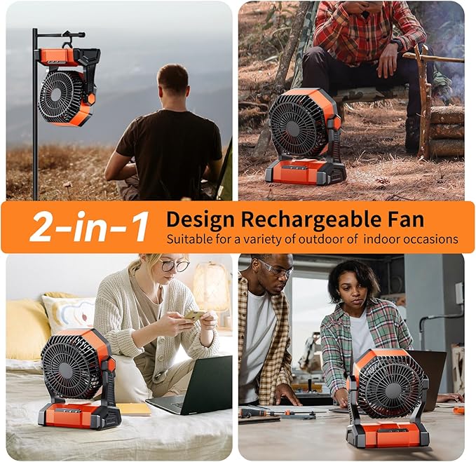 Camping Fan, 20000mAh Rechargeable Battery Powered Outdoor Tent Fan with Light and Hook, 6 Speed, Personal USB Desk Fan for Camping, Fishing, Hurricane, Power Outage Essentials