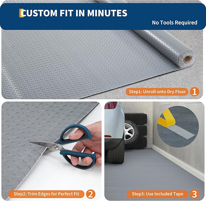 GarveeTech 7.5x17 FT Garage Floor Mat, 2.8mm Thickened Non-Slip PVC Garage Mat Roll, Diamond Plate Floor Protector Mat with 33FT Tapes for Garage, Under Car Parking Mat for SUVs, Trucks, Sports Car