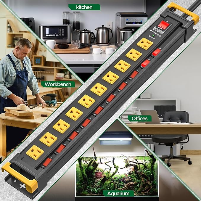 10 Outlet Heavy Duty Metal Power Strip with Individual Switches,3300J Surge Protector,1.7 Inch Wide Spacing for Large Adapters,6Ft Cord Managment for School,Garage,Workbench,ETL Listed(15A/1875W)