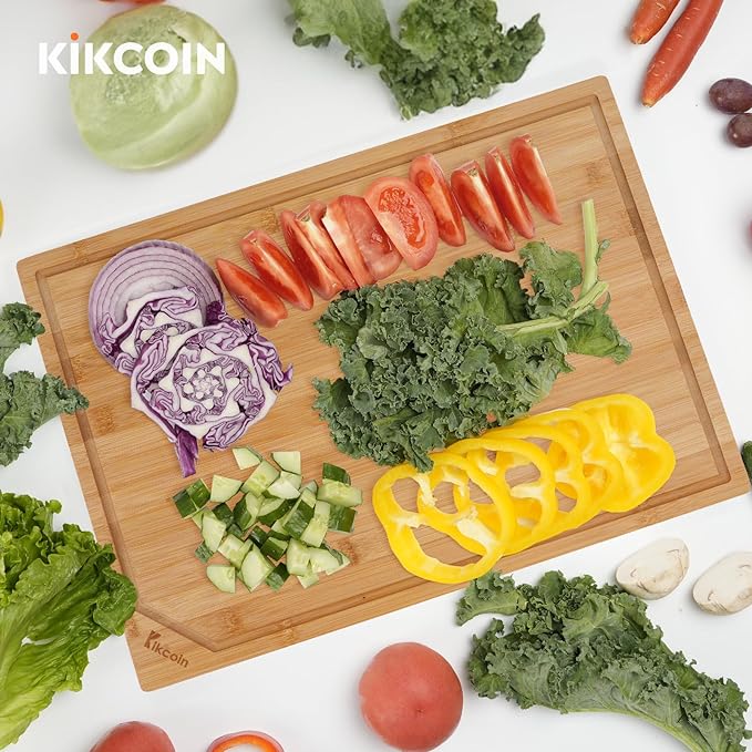 Kikcoin 17”×11” Bamboo Cutting Boards for Kitchen, Healthy Wooden Cutting Boards for Kitchen, Charcuterie, Vegetables, Cheese, Extra Large Chopping Boards with Deep Juice Groove and Handle, Natural