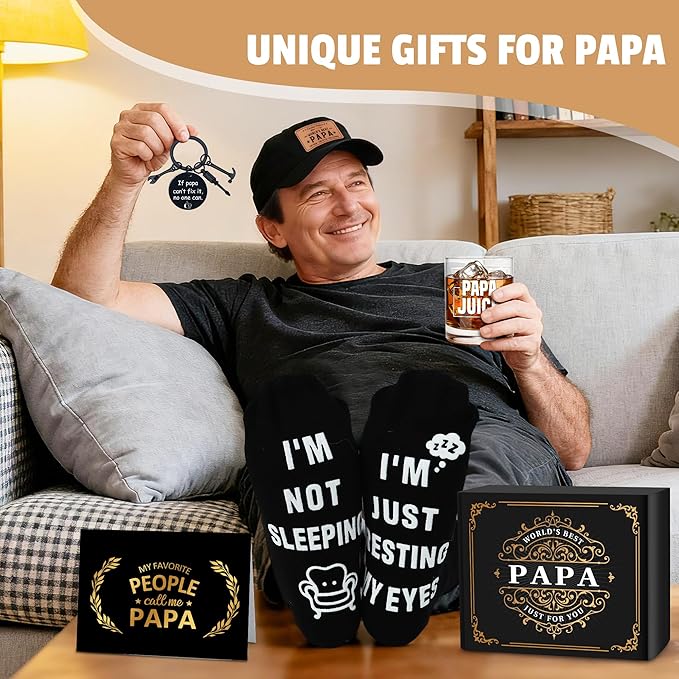 Papa Gifts from Grandkids Papa Birthday Gifts for Men Happy Birthday Gift Ideas for Best Papas from Grandson Granddaughter Grandchildren Funny Gift Set for Christmas, Fathers Day with Hat, Wine Glass