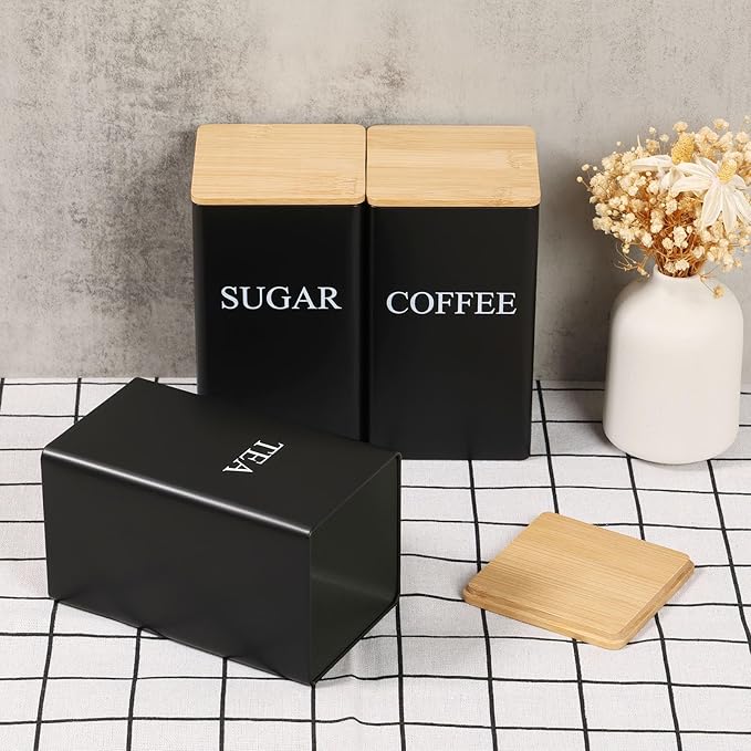 3 Pcs Coffee Tea Sugar Container Set, 1000 ML Metal Teas and Coffee Canisters Set with Bamboo Lids, Black Canisters Sets for Kitchen,Food Storage Container Jars for Kitchen Counter Storage (Black)