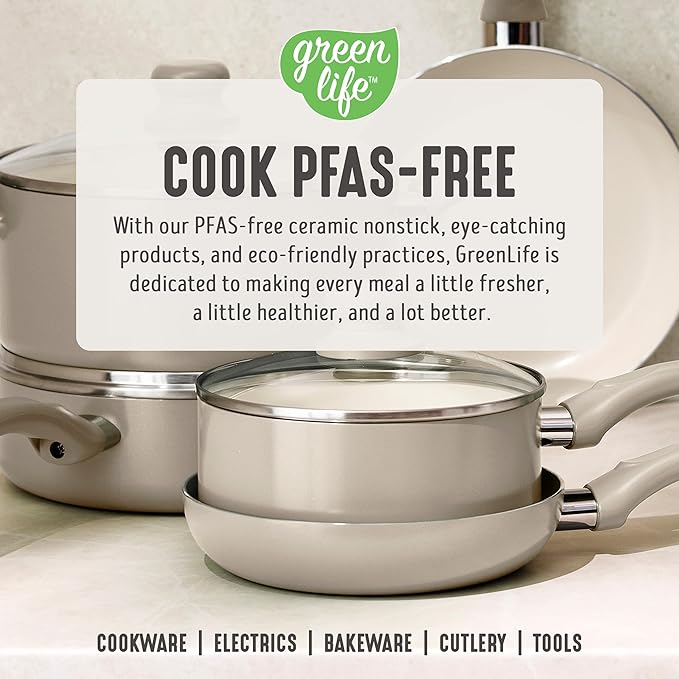 GreenLife 16-Piece Nonstick Cookware Set, Non-Toxic Ceramic Pots and Pans Set, Durable Healthy Kitchen Essentials, Fast Heating, Induction Ready, Easy Clean Dishwasher Safe, PFAS-Free, Beige Taupe